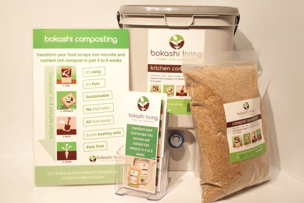 Bokashi bucket, bag of bokashi bran and marketing materials